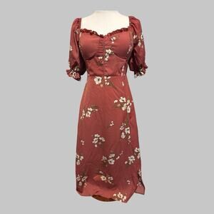 Inspired Hearts Floral Rust Short Sleeve Puff Fairy Cottagecore Midi Dress M